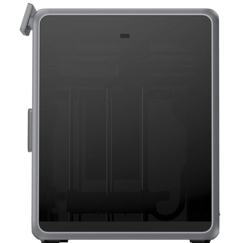 Imprimante 3D Creality K2 compacte avec châssis cubique, porte frontale teintée, cadre gris aluminium et écran discret pour impression stable et silencieuse