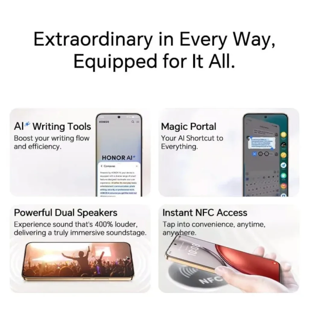 Honor X9D 5G preto com tela ampla, bordas finas, alto-falantes duplos potentes, NFC instantâneo e recursos de IA como escrita assistida e atalhos inteligentes