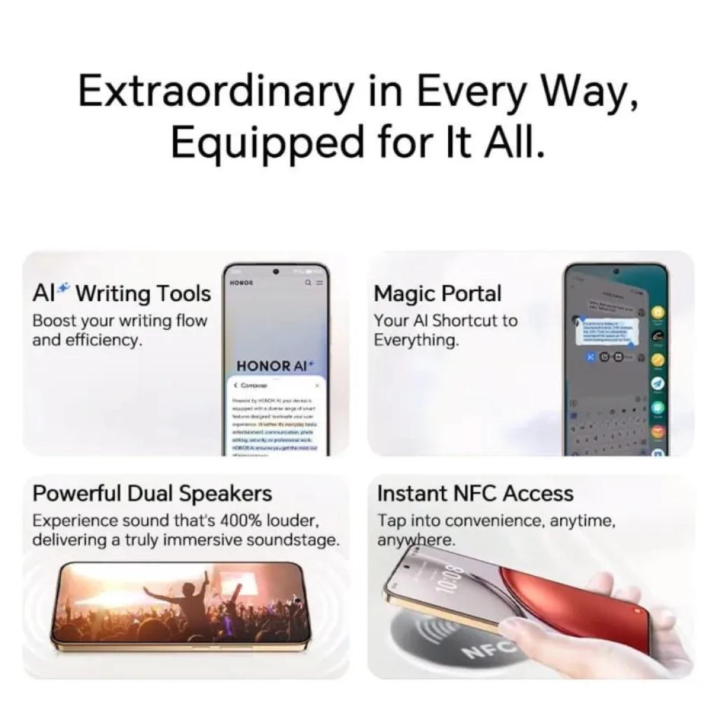 Honor X9D 5G preto com tela ampla, bordas finas, alto-falantes duplos potentes, NFC instantâneo e recursos de IA como escrita assistida e atalhos inteligentes
