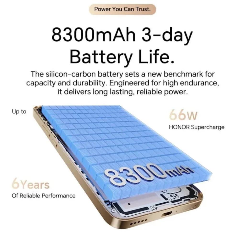 Honor X9D 5G Preto com bateria 8300mAh e carregamento 66W, destaque para módulo interno de bateria silicon-carbono e promessa de 3 dias de uso