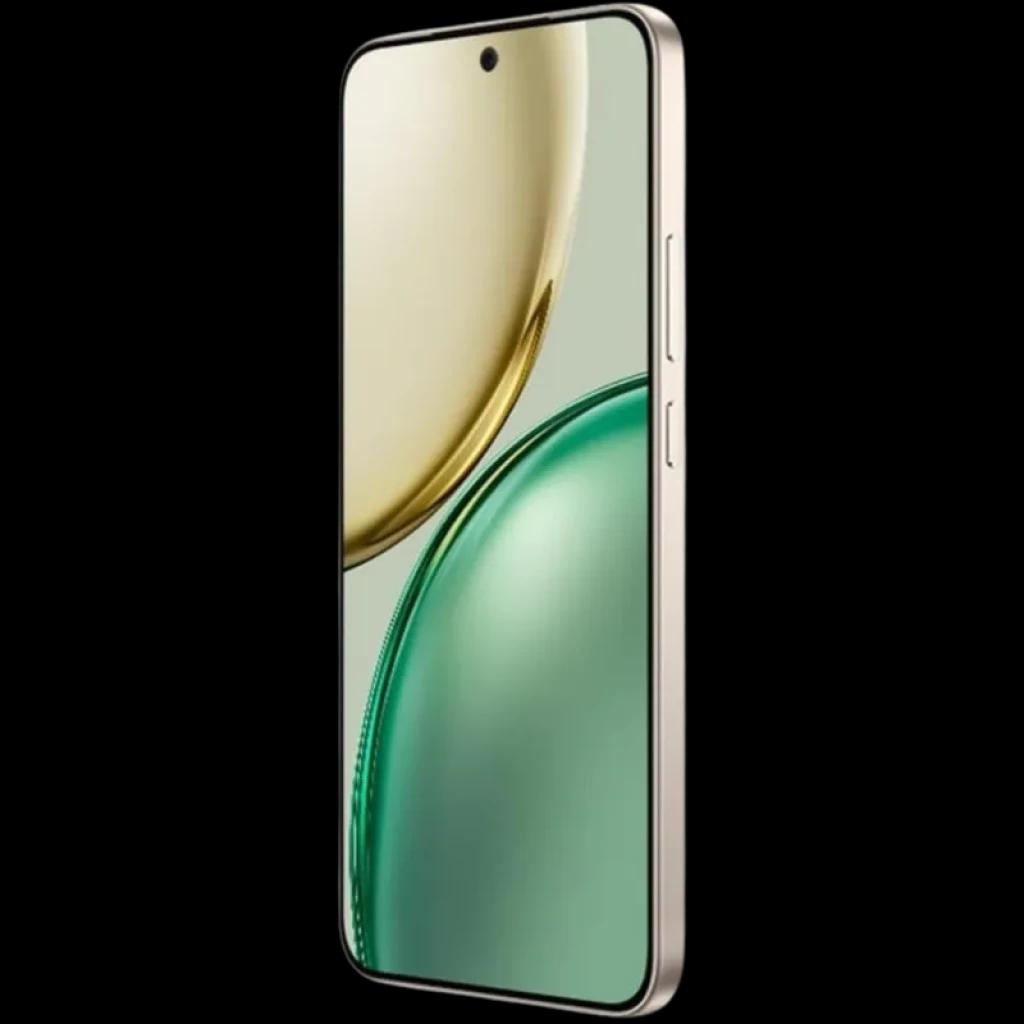 Honor X9D 5G dorado con pantalla amplia casi sin bordes, perforación centrada para cámara frontal y marco delgado con botones laterales visibles