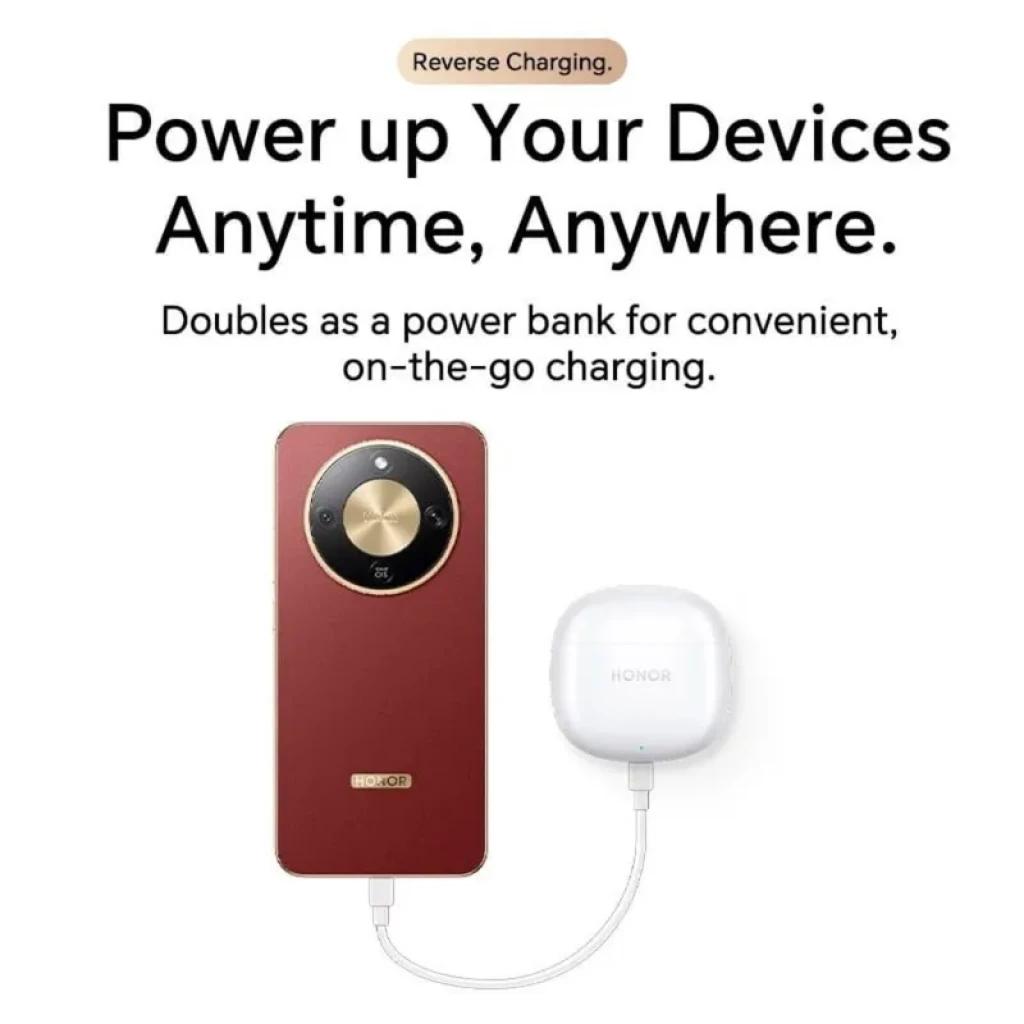 Honor X9D 5G 12GB/256GB Dual SIM Dorado con carga inversa: cuerpo dorado con módulo de cámara circular y powerbank HONOR blanco conectado por cable