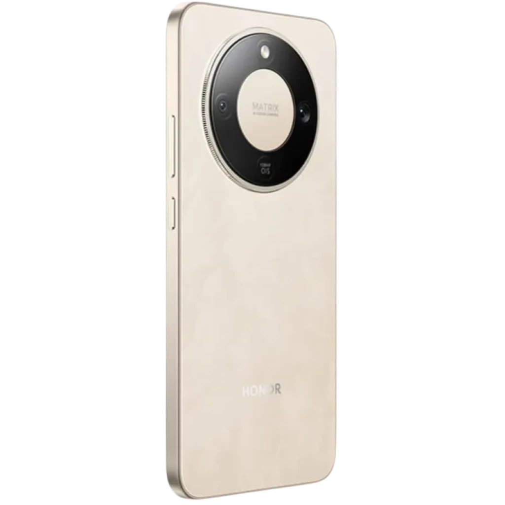 Honor X9D 5G dorado con trasera perlada, módulo de cámara circular negro tipo Matrix con anillo metálico, triple lente y botones laterales en el marco