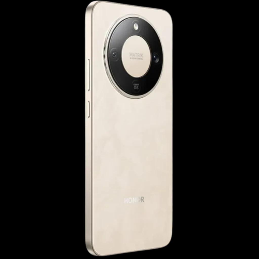 Honor X9D 5G dorado con trasera perlada, módulo de cámara circular negro tipo Matrix con anillo metálico, triple lente y botones laterales en el marco