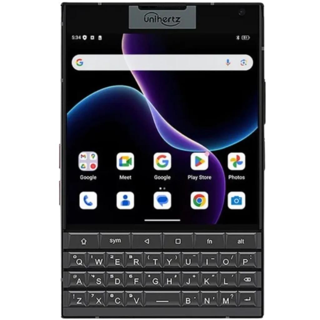 Unihertz Titan 2 5G Dual SIM con teclado físico QWERTY, pantalla táctil rectangular, cámara frontal centrada y botones dedicados; diseño robusto y compacto