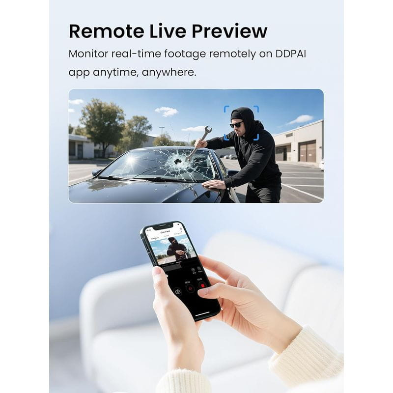 DDPAI 4G Cloud Box: vista en vivo remota en smartphone; muestra transmisión de dashcam con detección de incidentes y control desde app en cualquier lugar.