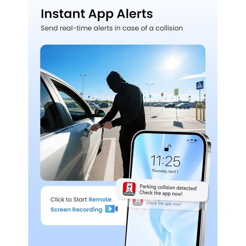 Alerta instantánea en la app por colisión de estacionamiento; notificación en smartphone y opción de grabación remota. Compatible con DDPAI 4G Cloud Box.