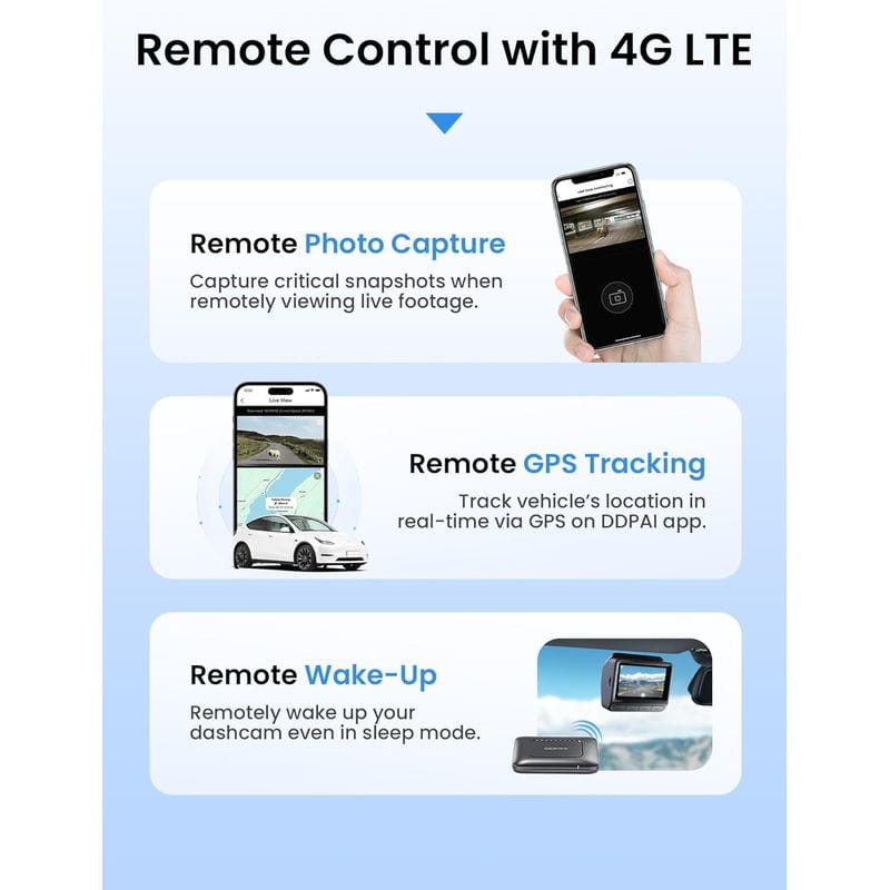 DDPAI 4G Cloud Box: control remoto LTE con captura de fotos, rastreo GPS en tiempo real vía app y encendido remoto para dashcam incluso en modo sueño.