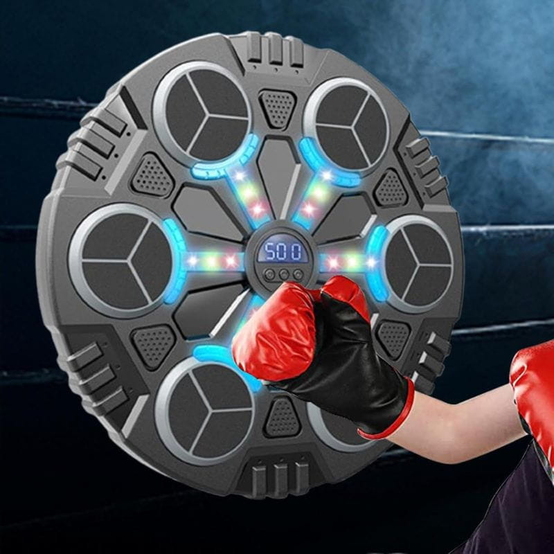 Musical Boxing Target con Guantes: diana circular con 7 zonas táctiles iluminadas LED, pantalla central y superficie antideslizante; incluye guantes rojos