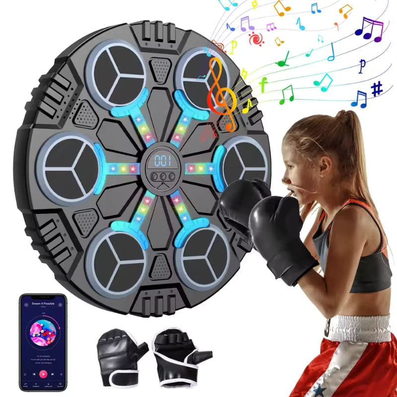 Musical Boxing Target con Guantes: panel circular con 8 zonas de golpeo, luces LED RGB, pantalla digital central y superficie antideslizante para entreno