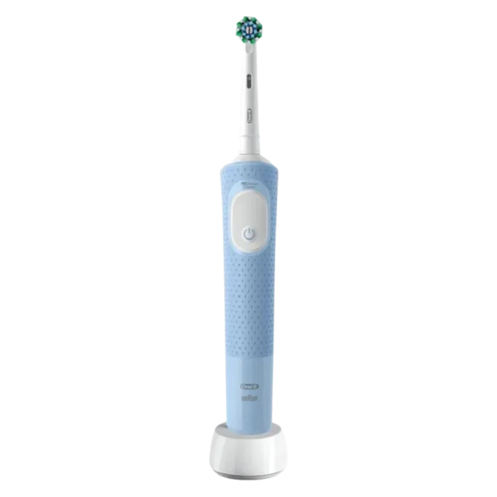 Oral-B Vitality Pro azul con mango antideslizante, botón central, cabezal redondo intercambiable y base de carga blanca; incluye 1 recambio