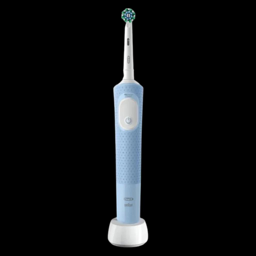 Oral-B Vitality Pro azul con mango antideslizante, botón central, cabezal redondo intercambiable y base de carga blanca; incluye 1 recambio