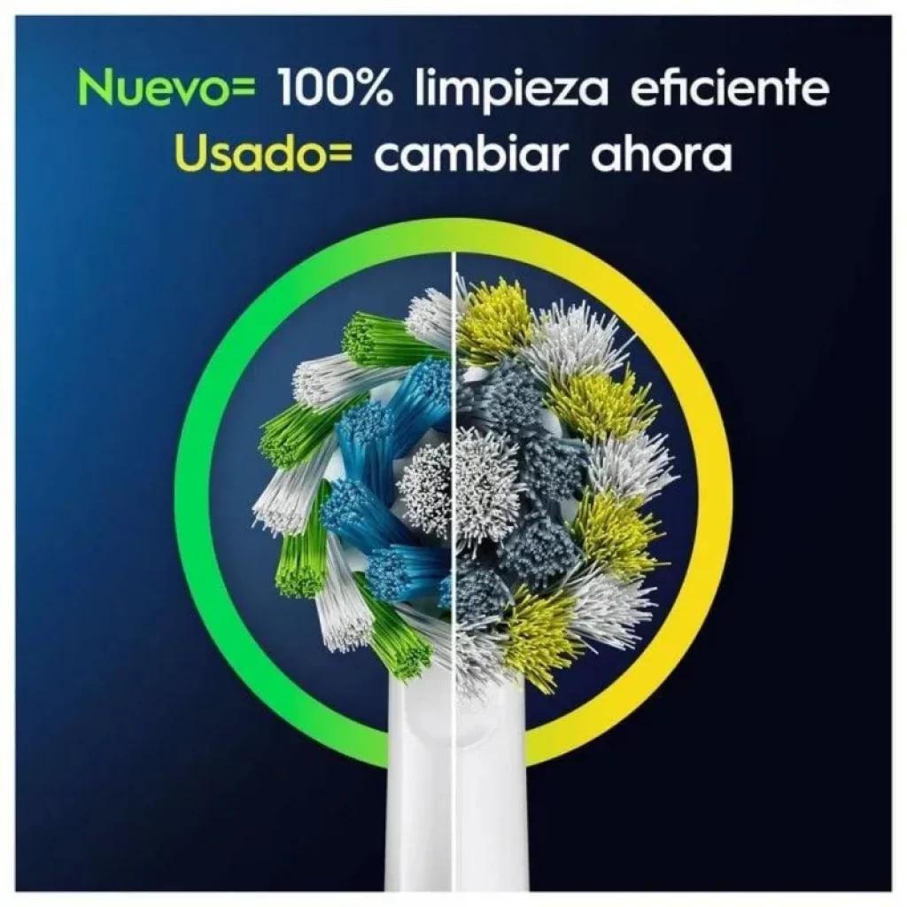 Oral-B Vitality Pro azul con cabezal redondo; comparación visual de cerdas nuevas vs gastadas que indica cuándo reemplazar el recambio para limpieza óptima