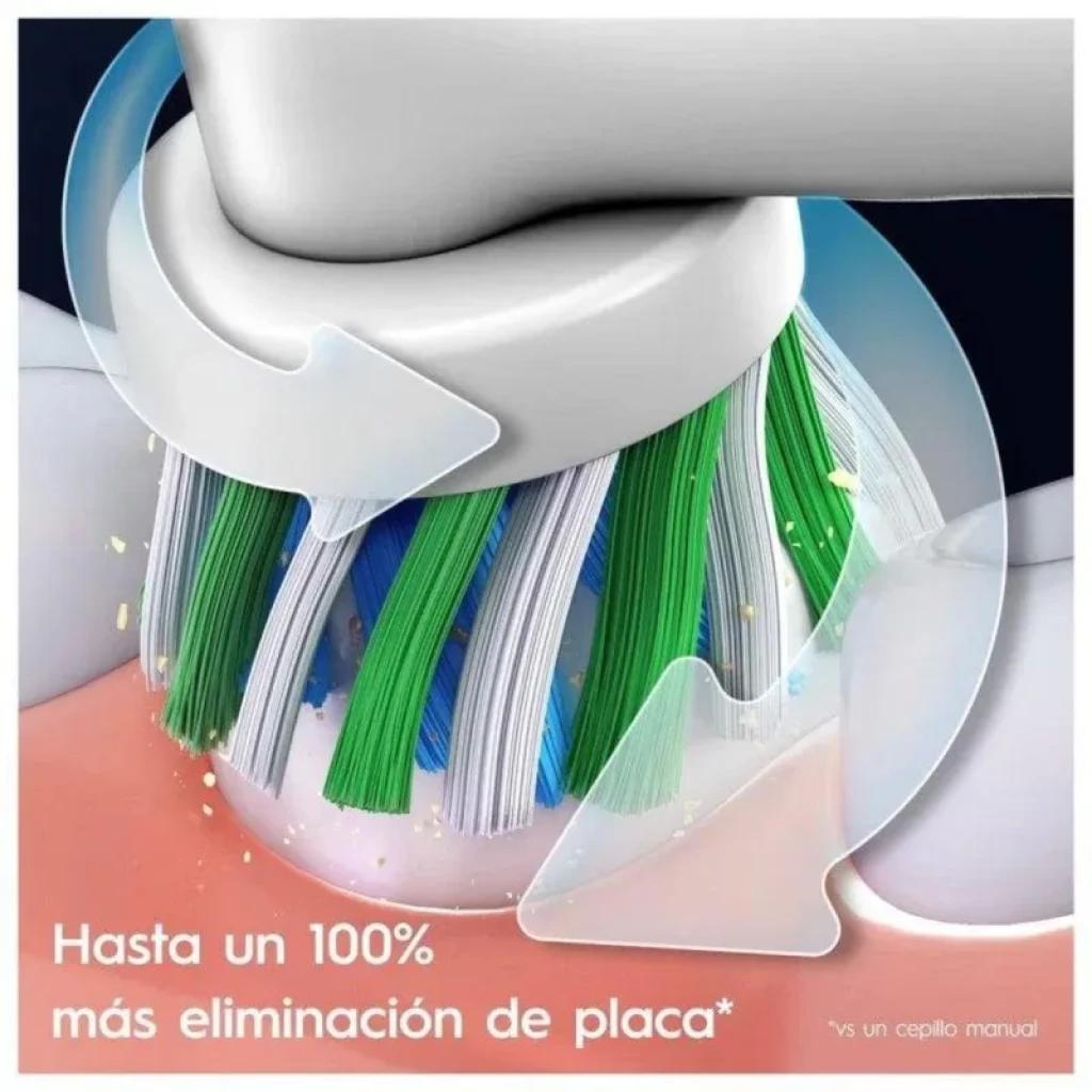 Cabezal redondo de Oral-B Vitality Pro en acción, cerdas verdes, azules y blancas rodeando diente, flechas de movimiento y texto de mayor eliminación de placa