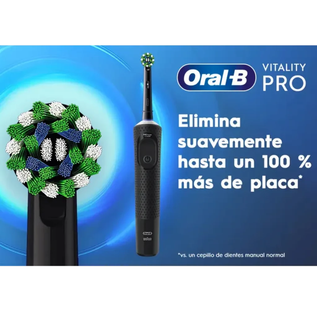 Oral-B Vitality Pro azul con mango texturizado y cabezal redondo con cerdas verdes, blancas y azules; incluye 1 recambio y destaca eliminación de placa