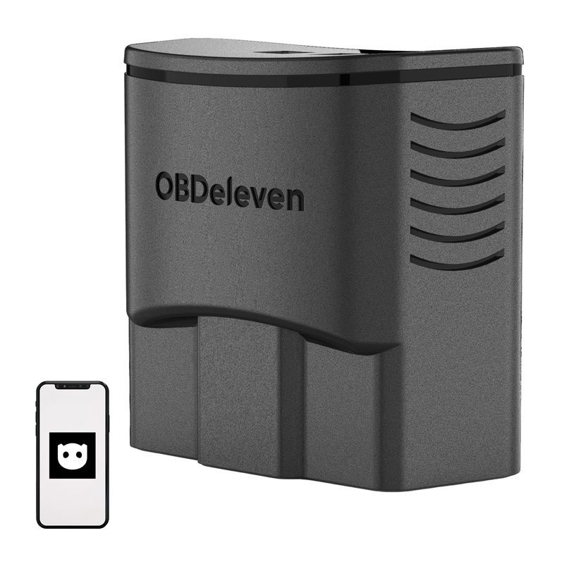 Scanner de diagnostic OBDeleven 3 Pro Pack: adaptateur OBD-II compact noir, design courbé avec fentes de ventilation, logo gravé; compatible smartphone.