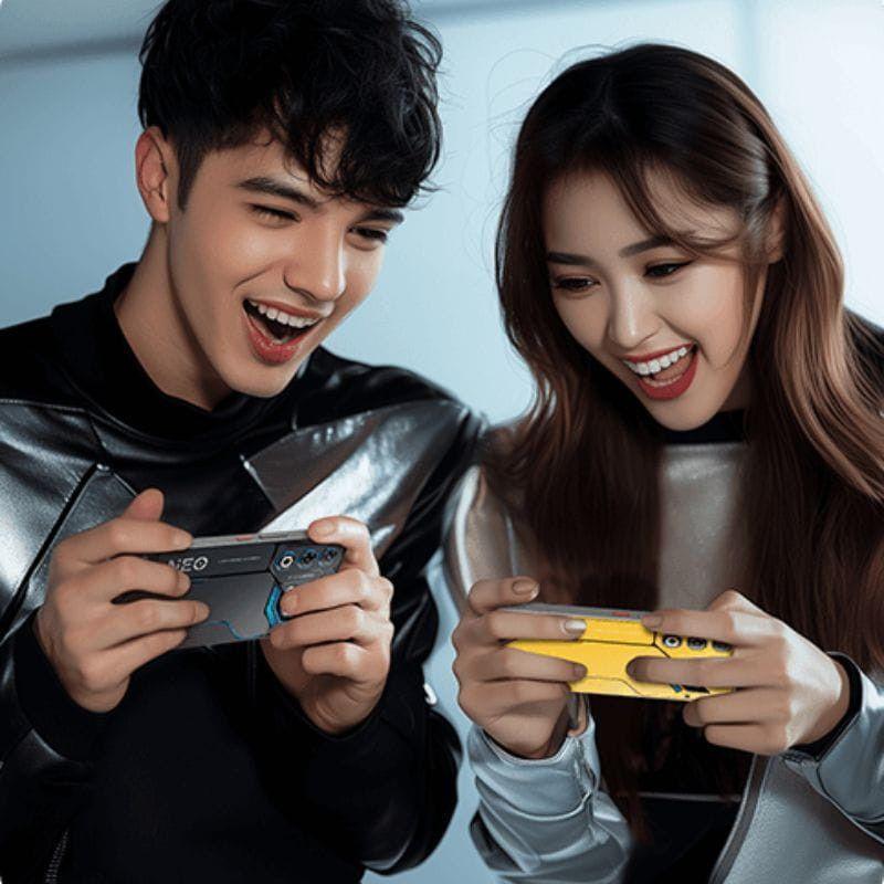 Nubia Neo 3 GT 5G en gris interstellar con diseño gamer, carcasa metálica y detalles azules, botones laterales para juego y cámara trasera doble