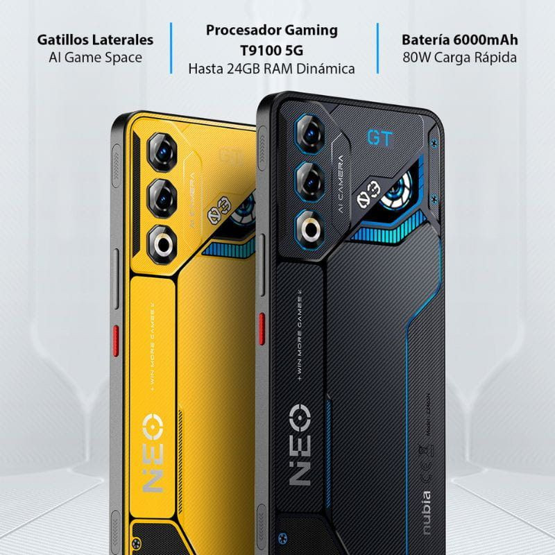 Nubia Neo 3 GT 5G en gris interestelar y amarillo, diseño gamer con módulos traseros triples, detalles GT azules, líneas futuristas y acentos metálicos