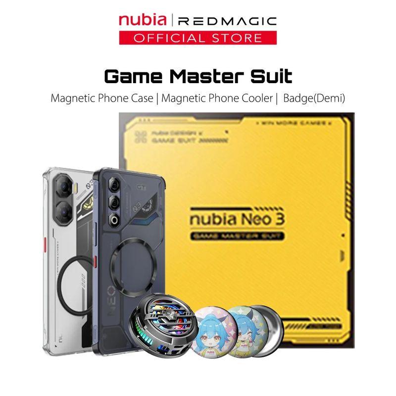 Nubia Neo 3 GT 5G en gris interestelar con carcasa magnética transparente, cooler magnético para gaming y pines decorativos redondos intercambiables