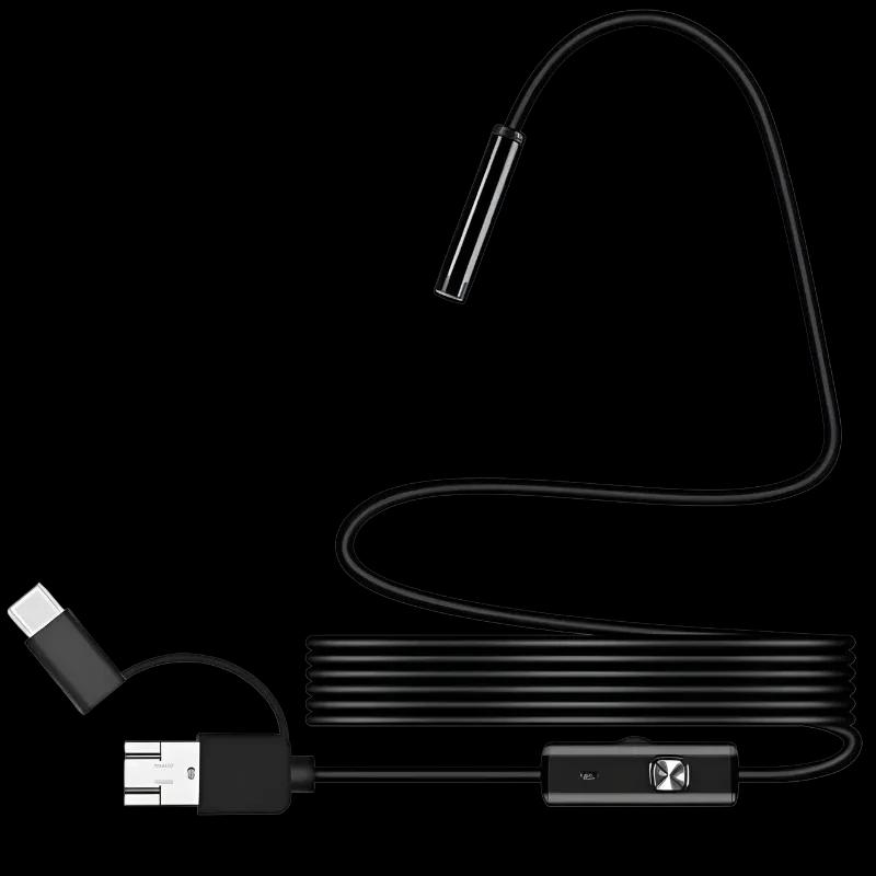 Caméra endoscope 8 mm 5 MP avec câble rigide 5 m, connecteurs USB‑A MicroUSB Type‑C, sonde fine, mise au point auto, boîtier de contrôle intégré
