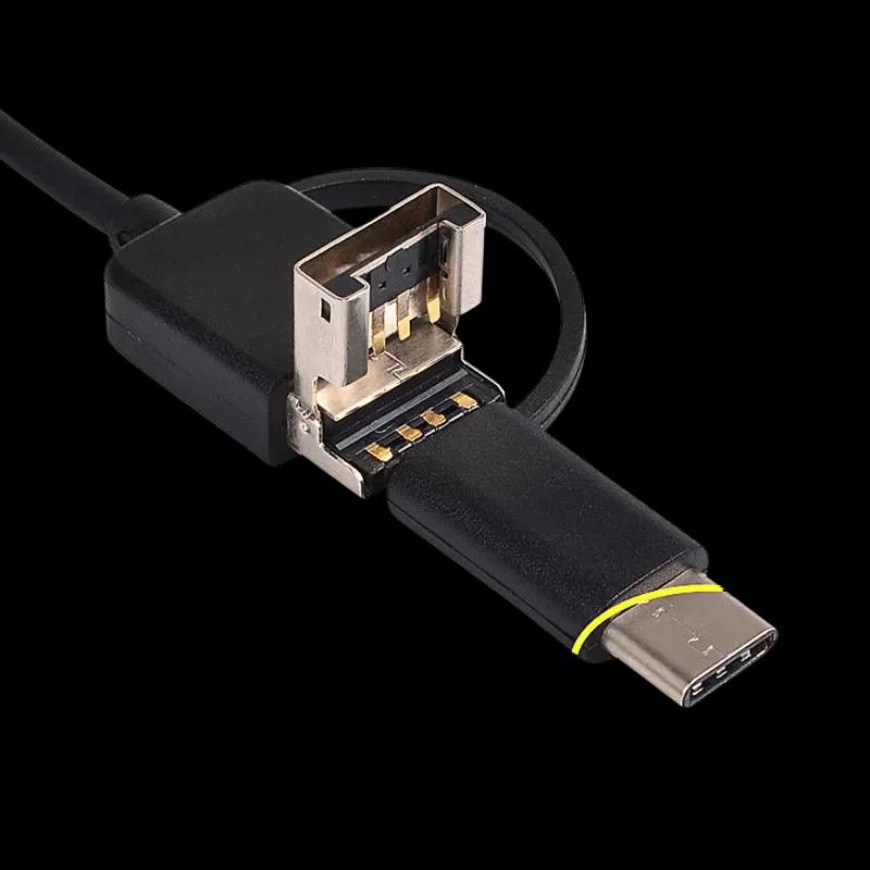 Adaptateur USB-A vers USB-C ouvert, montrant les connecteurs internes métalliques et le câble noir rigide du boîtier d’endoscope 5 m