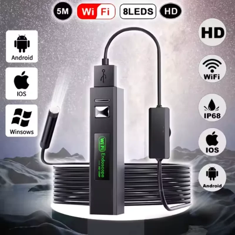 Endoscope WiFi 8 mm 5 MP avec autofocus, câble flexible 3,5 m, 8 LED, IP68, compatible Android et iOS, caméra HD pour inspections précises