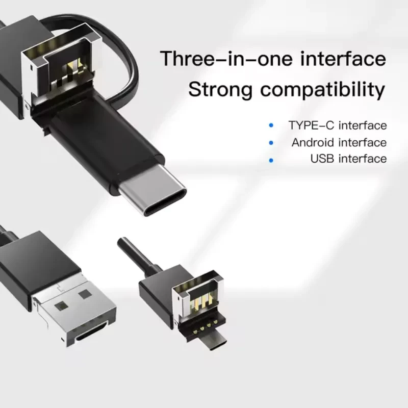 Connecteur 3‑en‑1 pour endoscope: USB, micro‑USB Android et USB‑C. Câble flexible 3,5 m, compatibilité étendue, prise solide, autofocus 5 MP 8 mm.