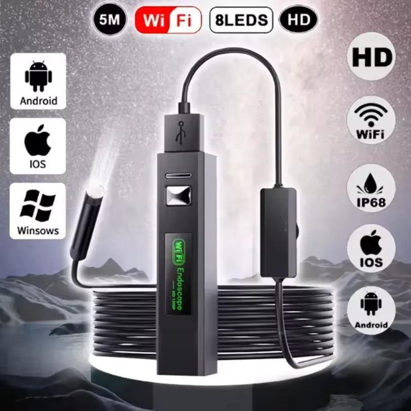 Endoscope WiFi 8 mm autofocus 5 MP avec câble rigide 5 m, 8 LED, HD, IP68, compatibilité Android et iPhone, éclairage réglable pour inspection précise