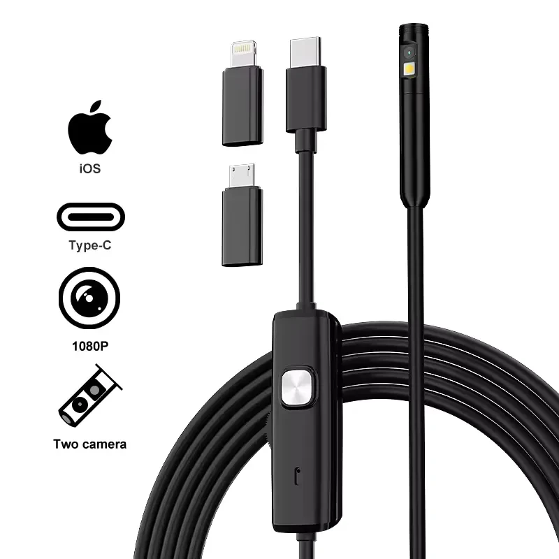 Endoscopio 8 mm con doble lente 1080p, cable rígido de 3.5 m, luz LED, control en línea y adaptadores Lightning, USB-C y MicroUSB para iOS y Android