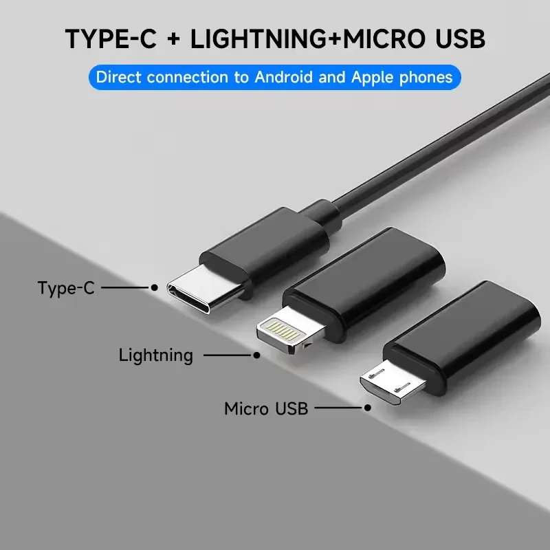 Adaptador 3 en 1 para endoscopio: conectores Type‑C, Lightning y Micro USB en negro, cable rígido compatible con Android y Apple, longitud 3.5 m