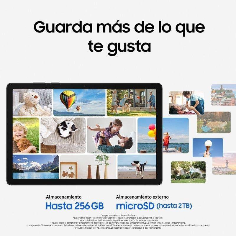 Tablet Samsung Galaxy Tab A11+ 11" cinzento com ecrã amplo, molduras finas e colagem de fotos; destaque para armazenamento 128GB + microSD até 2TB.