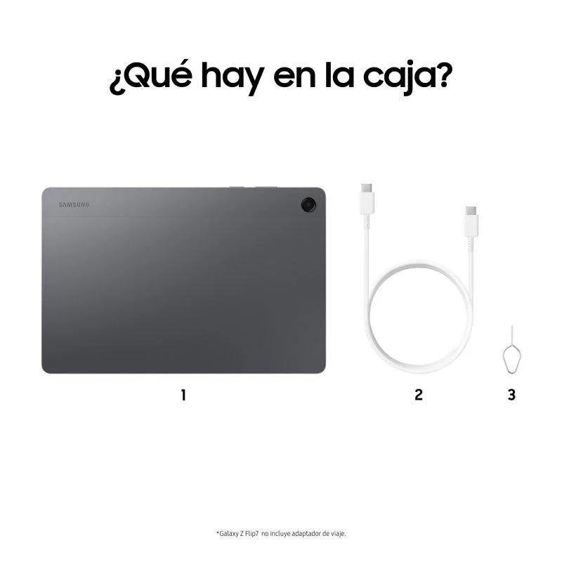 Samsung Galaxy Tab A11+ cinzento 11", corpo fino, câmera traseira única; inclui cabo USB-C e ferramenta para bandeja SIM. Wi‑Fi, 6GB/128GB.