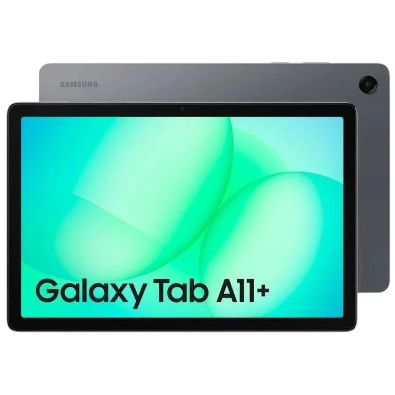 Tablette Samsung Galaxy Tab A11+ 5G gris, écran large bord fin, caméra arrière unique, façade noire avec logo “Galaxy Tab A11+”, 6 Go/128 Go visibles.