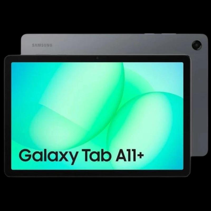 Samsung Galaxy Tab A11+ 5G gris con pantalla amplia de bordes finos, cámara trasera única en esquina, frontal con biseles delgados y acabado metálico