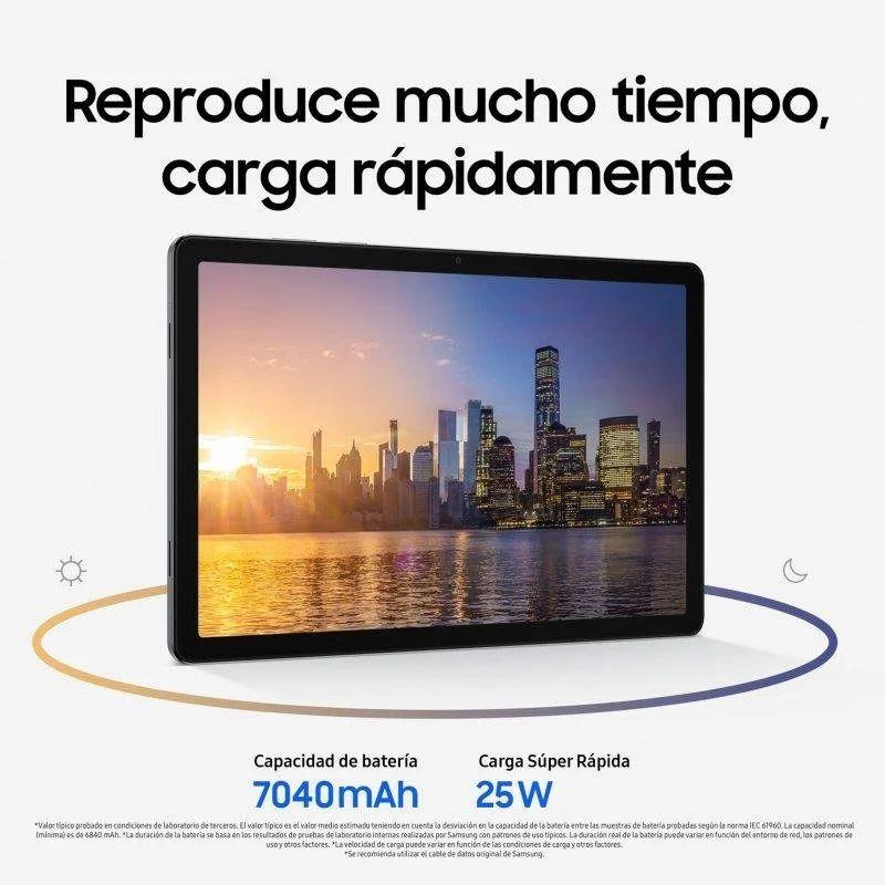 Tablet cinzento com ecrã amplo exibindo cidade ao entardecer; destaca bateria 7040 mAh e carregamento rápido 25 W. Modelo: Galaxy Tab A11+ 5G 6/128 GB.