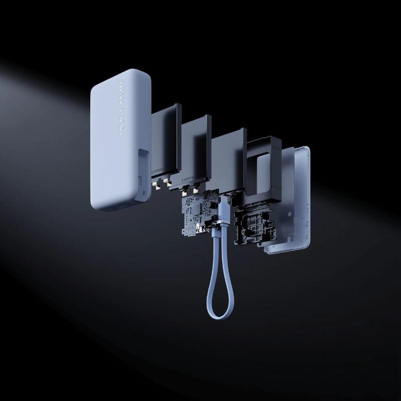 Batterie externe Xiaomi 10000mAh 67W Bleu Glacier avec câble intégré, design compact, modules internes détaillés et port USB-C pour charge rapide