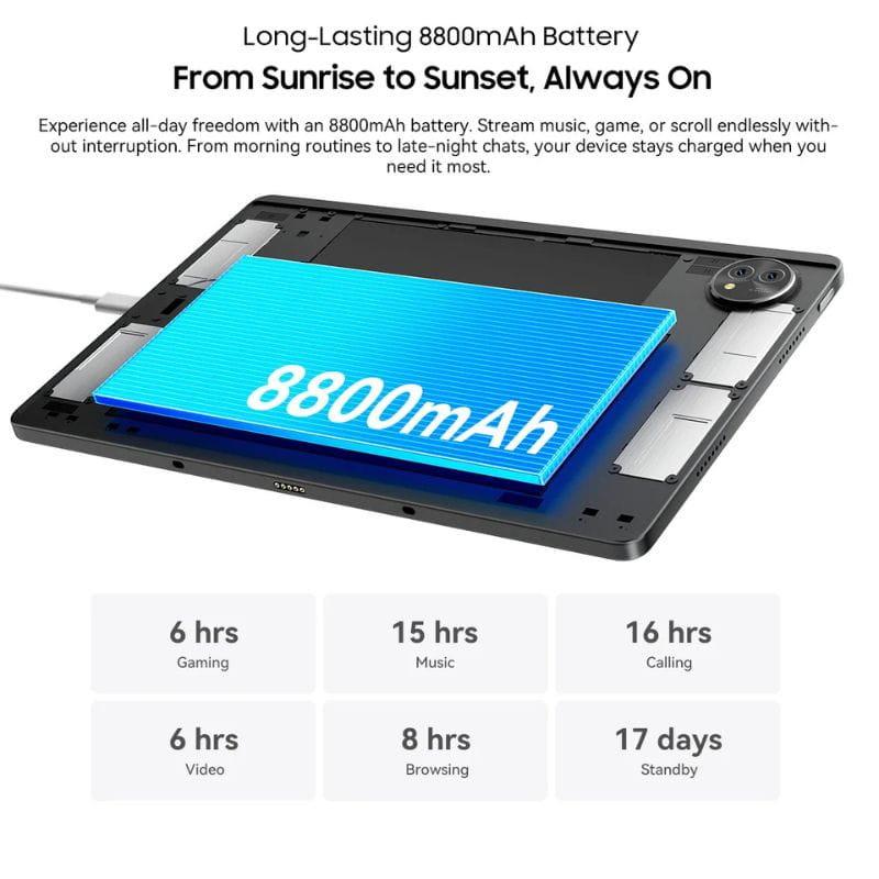 Tablette Blueview Zeno 10 5G bleu, batterie 8800 mAh. Autonomie: 6h jeux, 15h musique, 16h appels, 18h navigation, 17 j veille. 8 Go/128 Go.