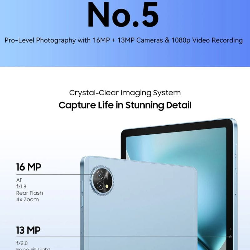Tablette Blackview Zeno 10 5G bleue, module photo circulaire 16 MP avec flash arrière, écran large 1080p aux bords fins, design sobre et élégant.