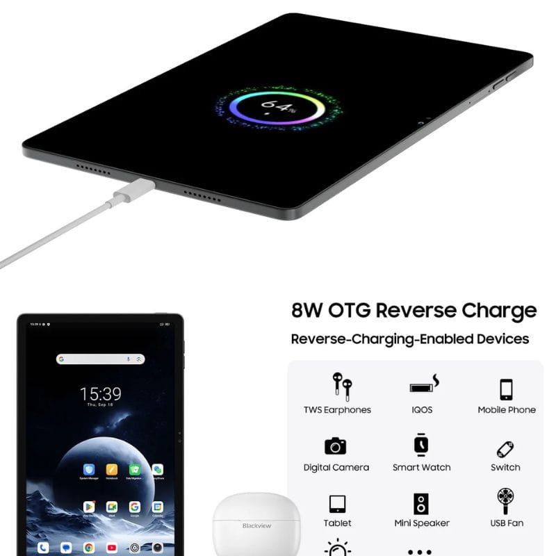 Blackview Zeno 10 5G 8Go/256Go Bleu avec charge inversée OTG 8W: tablette fine, écran large, USB-C, interface moderne, recharge d’écouteurs et smartphones.
