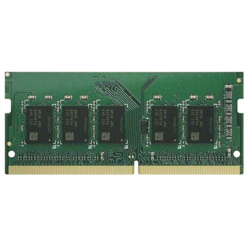 Módulo de memoria RAM Synology D4ES03-16G, 16 GB DIMM. PCB verde con chips negros alineados y contactos dorados, formato compacto para servidores/NAS.
