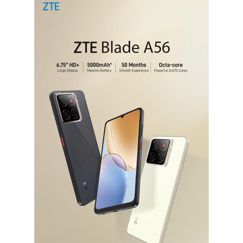 ZTE Blade A56 4GB/64GB Dorado con arte futurista: auto veloz y luces neón, destaca “4.5G” en grande, estética dinámica y moderna.