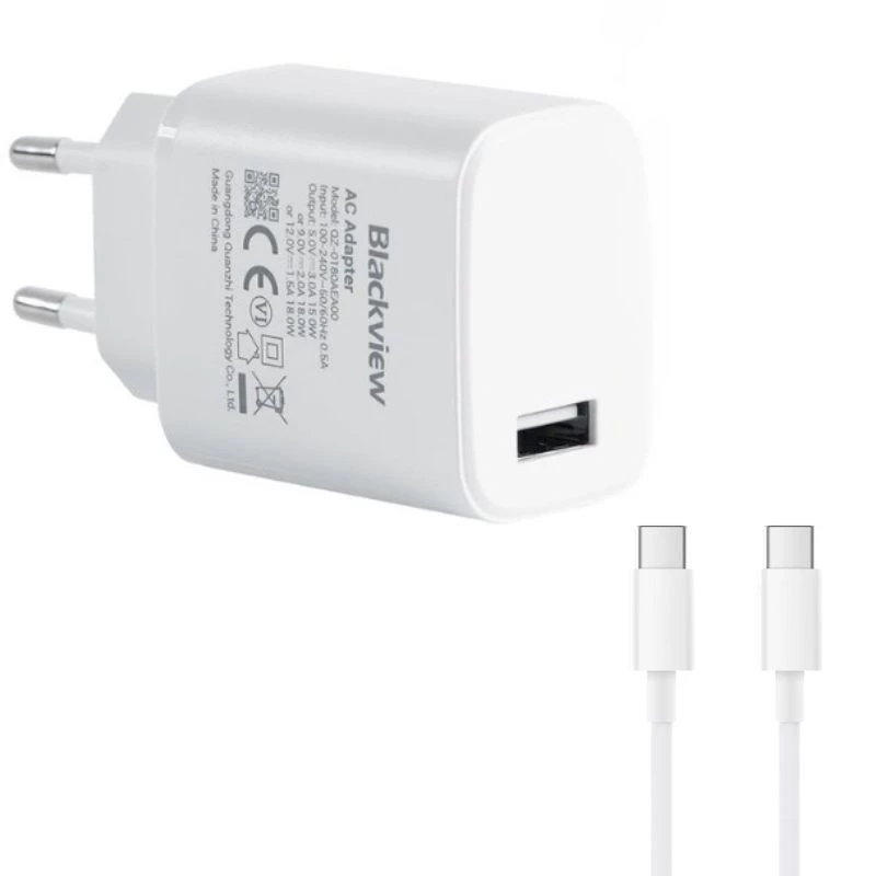 Cargador Blackview 18W blanco con enchufe europeo, puerto USB-A y cable USB-C a USB-C desmontable, diseño compacto con serigrafía de especificaciones