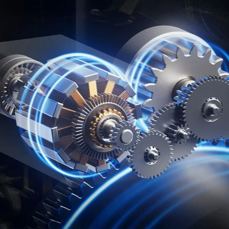 Engranajes metálicos y rotores en movimiento con efecto de energía azul, mostrando el mecanismo interno de la Cerradura inteligente SwitchBot Ultra 3 en 1