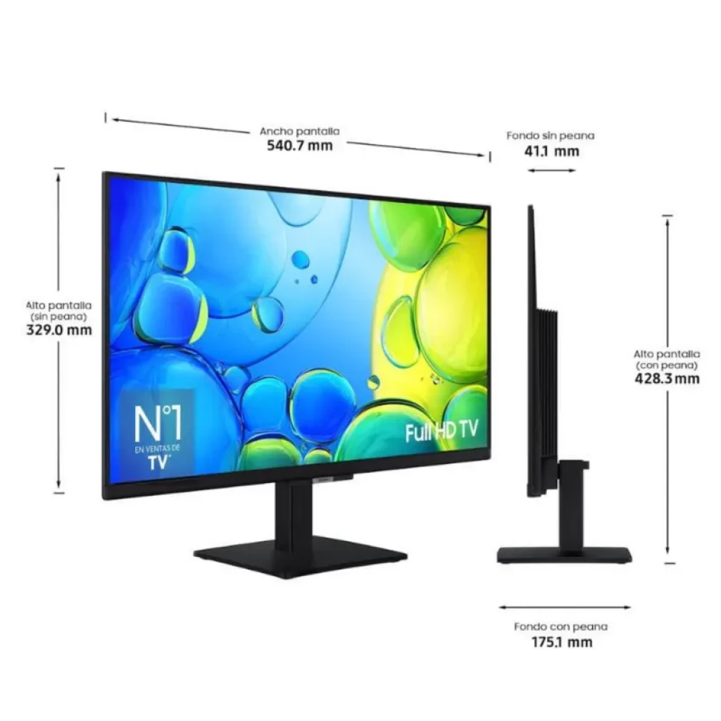 Samsung TU24F6005FK 24 pulgadas LED Full HD, marco delgado negro, pantalla plana con peana ajustable y conectividad WiFi, vista frontal y lateral con medidas