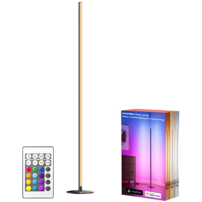 Candeeiro de pé inteligente SwitchBot em barra LED vertical, base preta, luz RGB multicolor, inclui comando remoto e compatibilidade Matter e Apple HomeKit