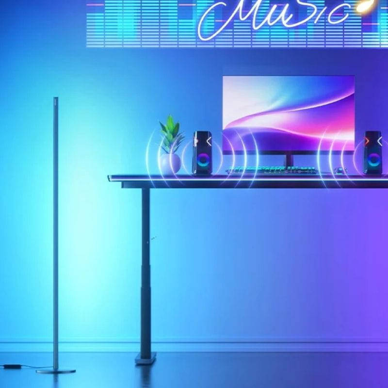 Candeeiro de pé inteligente SwitchBot com coluna LED vertical, luz RGB dinâmica, sincronização musical e base discreta, ideal para setup gamer e sala