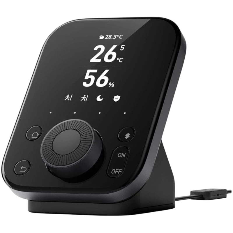 Centralita inteligente SwitchBot Hub 3 con pantalla negra brillante, dial central y botones táctiles ON/OFF; muestra temperatura, humedad e iconos de modos