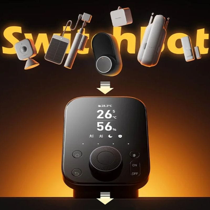 Central inteligente SwitchBot Hub 3 com display luminoso, mostrador de temperatura e umidade, botão giratório e integração com múltiplos dispositivos IoT