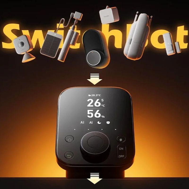 Centralita inteligente SwitchBot Hub 3 con pantalla LED que muestra temperatura y humedad, dial giratorio y compatibilidad con múltiples accesorios conectados
