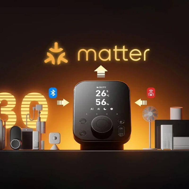 Central inteligente SwitchBot Hub 3 com display LED, mostradores de temperatura e umidade, botão rotativo, ícones de Matter, Bluetooth e infravermelho